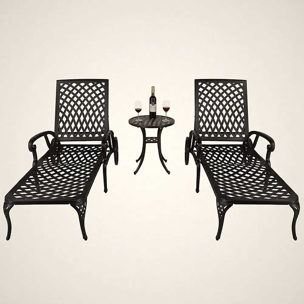 2PCS Cast Aluminum Outdoor Chaise Lounge Chair w/ Wheels Adjustable Back