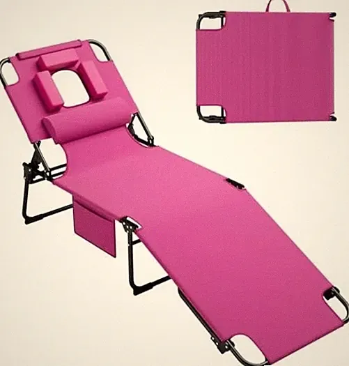 400lbs Tanning Chair, 5-Fold Beach Lounge Chair with Face Hole & 2 Side Pink