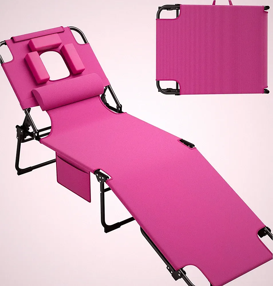 400lbs Tanning Chair, 5-Fold Beach Lounge Chair with Face Hole & 2 Side Pocke...