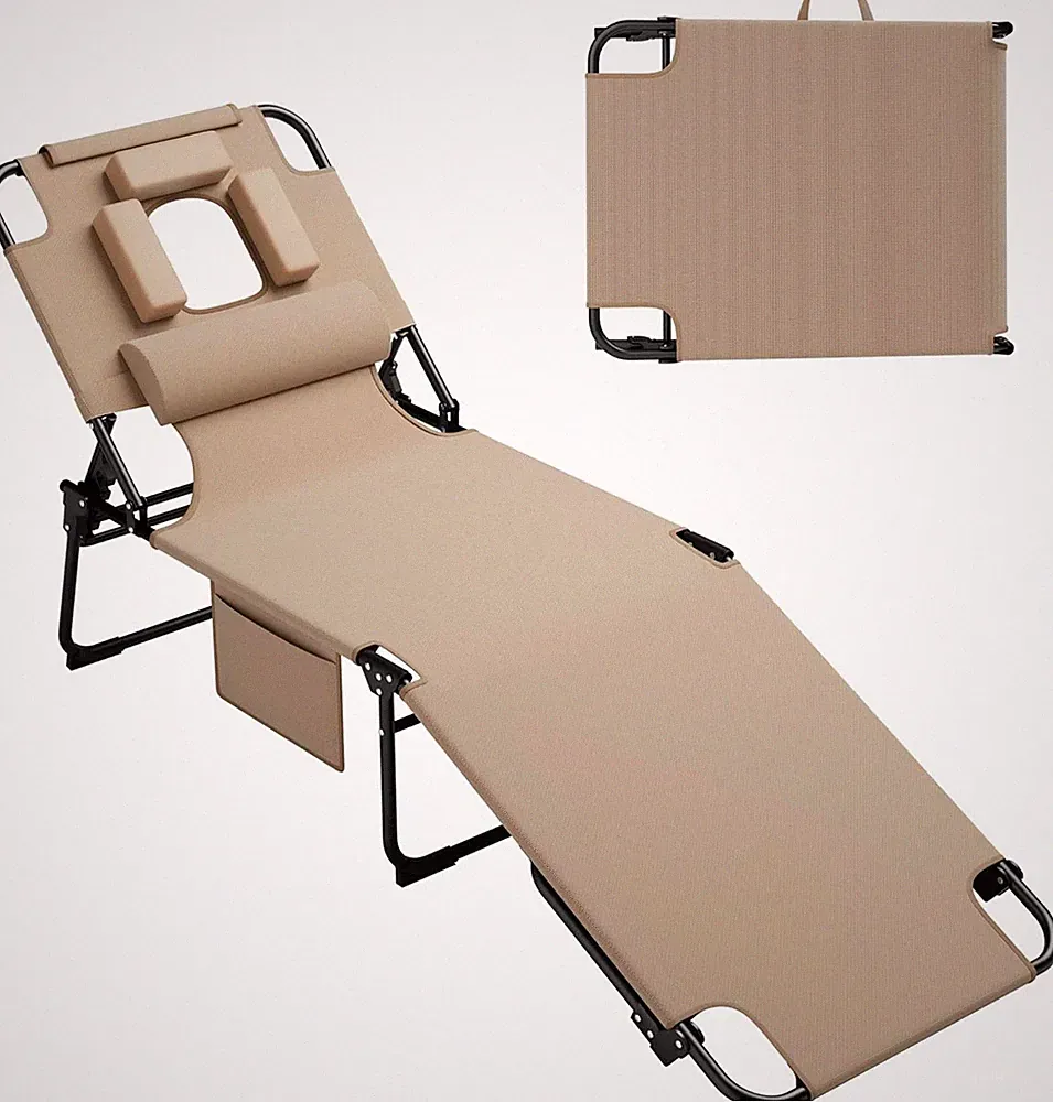 400Lbs Tanning Chair, 5-Fold Beach Lounge Chair with Face Hole & 2 Side Pockets