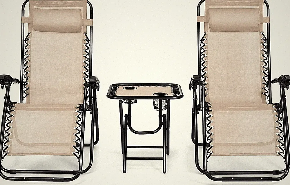 Beige 3-Piece Outdoor Zero Gravity Chair Set with Adjustable Backrest & Table