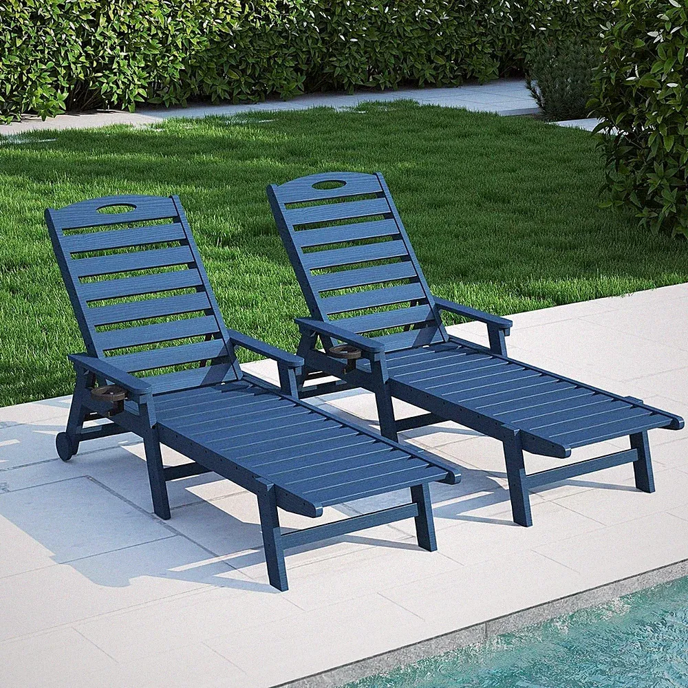 Domi Outdoor 2pcs HDPE Chaise Lounge w/Reclining Backrest for Patio,Blue