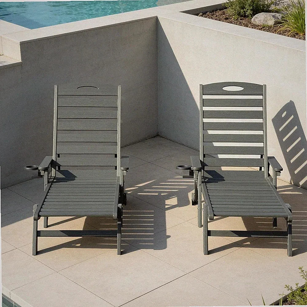 Domi Outdoor 2pcs HDPE Chaise Lounge w/Reclining Backrest for Patio,Grey