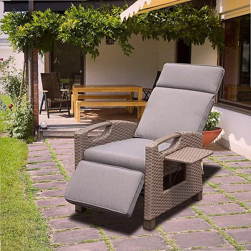 Hand-Woven Wicker Outdoor Adjustable Recliner Chair with Flip Table Push Back