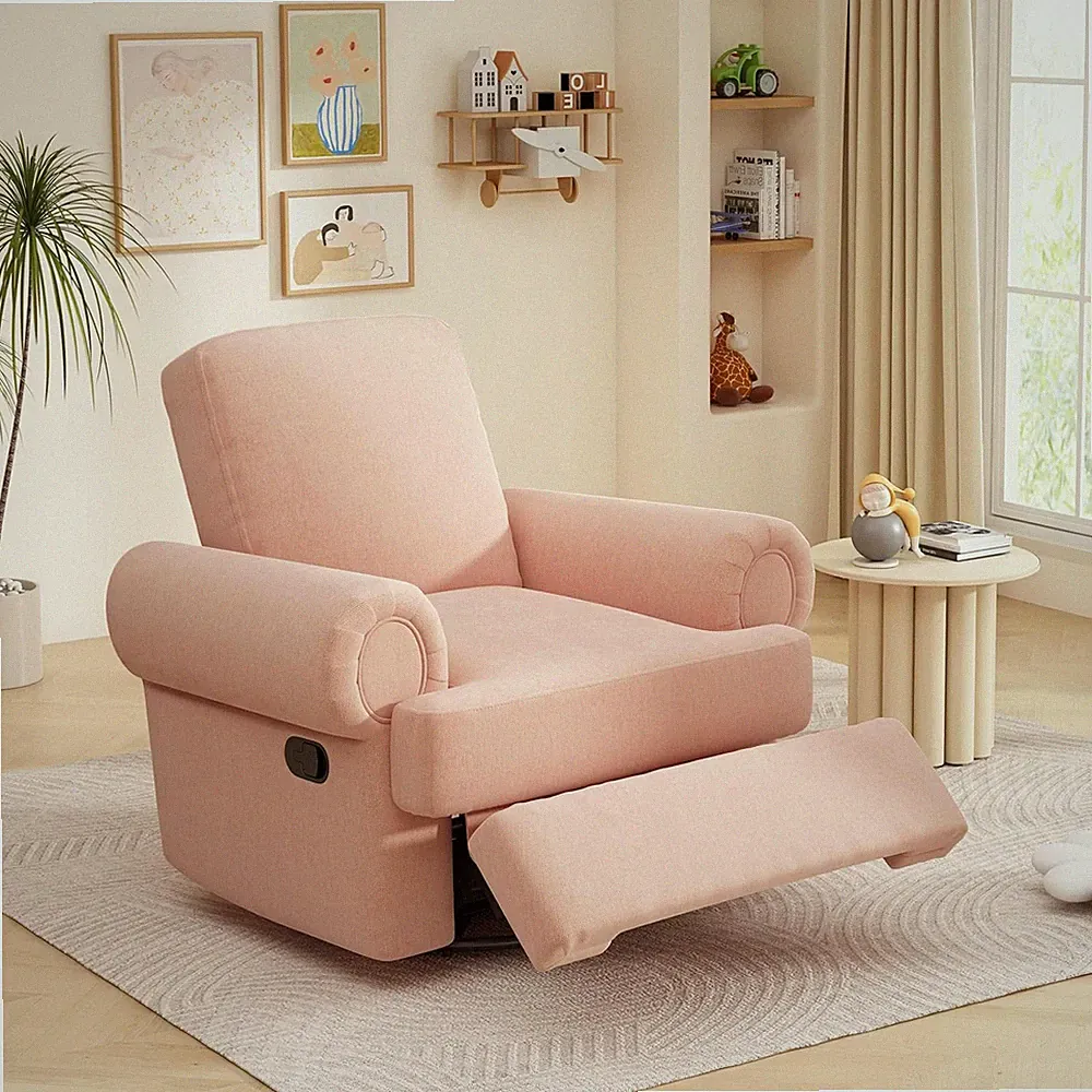 Pink Chenille Swivel Recliner Chair with Adjustable Backrest for Living Room